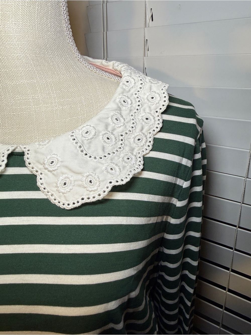 Boden Green and White Striped Long-Sleeve Top with Lace Collar - Picture 2 of 6
